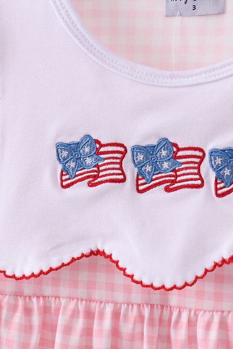 Pink flag embroidery gingham ruffle shorts set