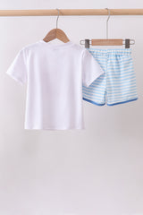 Blue flag embroidery shorts set