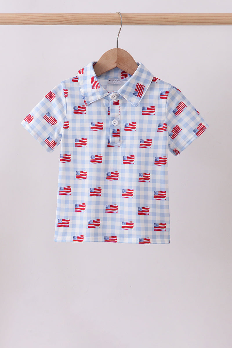 Blue flag print button down shirt