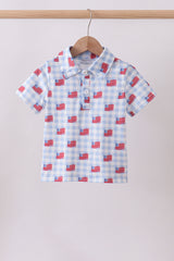 Blue flag print button down shirt
