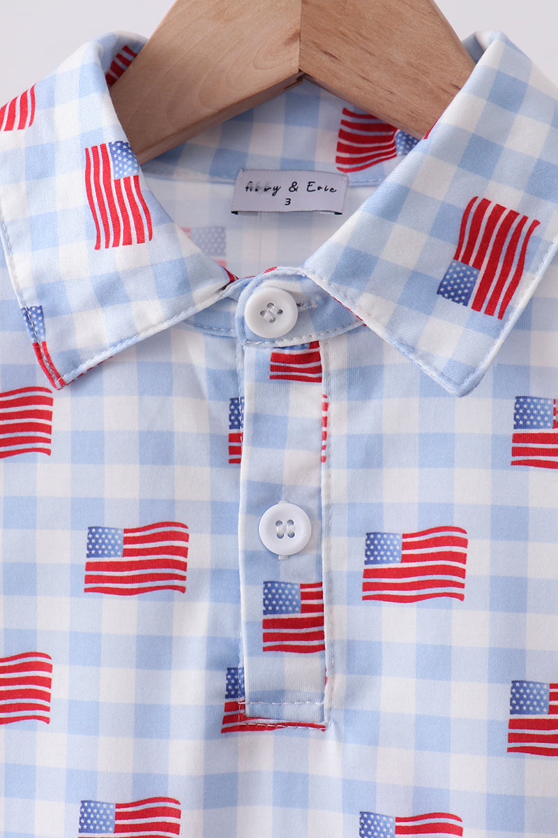 Blue flag print button down shirt