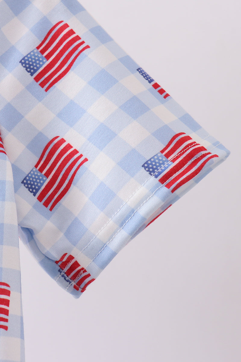 Blue flag print button down shirt