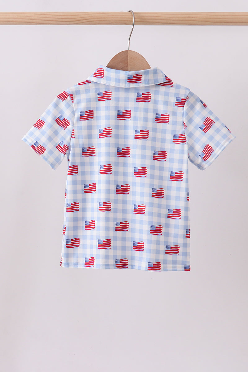 Blue flag print button down shirt