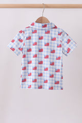 Blue flag print button down shirt