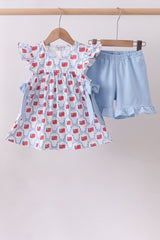 Blue flag print ruffle shorts set
