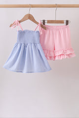 Blue Stripe Bow Smocked Ruffle Shorts Set