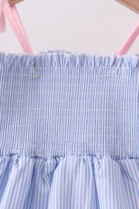 Blue Stripe Bow Smocked Ruffle Shorts Set