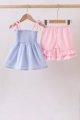 Blue Stripe Bow Smocked Ruffle Shorts Set