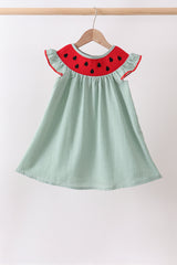 Green Watermelon Stripe Smocked Embroidered Seersucker Dress