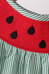 Green Watermelon Stripe Smocked Embroidered Seersucker Dress