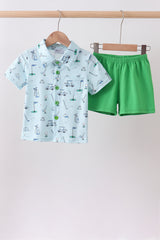 Green golf print shorts set