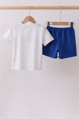 Navy bow applique stripe shorts set