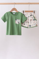 Green beach print shorts set