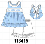 Blue Bow Smocked Embroidered Jacquard Set