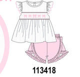 White Bow Smocked Jacquard Ruffle Shorts Set