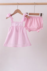 Pink stripe seersucker strawberry smocked bloomer set