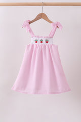 Pink stripe seersucker strawberry smocked dress