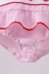Pink stripe seersucker strawberry smocked one-piece swimsuit