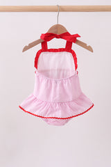 Pink stripe seersucker strawberry smocked one-piece swimsuit