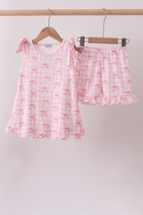 Pink bow print scalloped ruffle shorts set