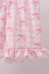 Pink bow print scalloped ruffle shorts set