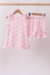 Pink bow print scalloped ruffle shorts set