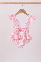 Pink bow print ruffle one-piece swimsuit