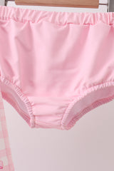 Pink bow print ruffle zipper 2pc swimsuit