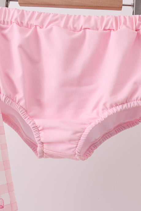 Pink bow print ruffle zipper 2pc swimsuit