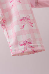 Pink bow print ruffle zipper 2pc swimsuit