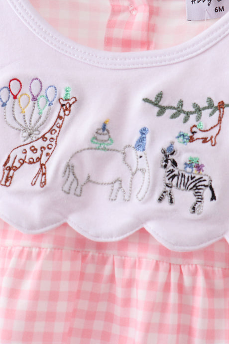 Pink Gingham Animal Embroidered Knit Bubble