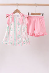 Pink floral print bow ruffle shorts set