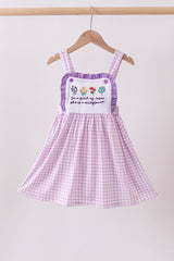 Purple floral embroidery gingham ruffle dress