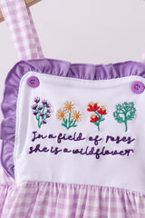 Purple floral embroidery gingham ruffle dress