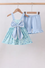 Blue beach print bow ruffle shorts set
