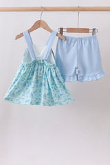 Blue beach print bow ruffle shorts set
