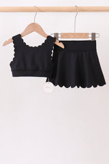 Black Scalloped Yoga Skorts Set
