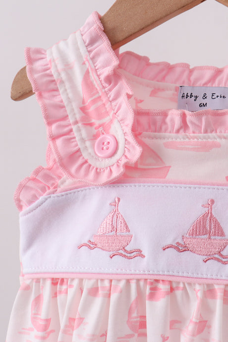 Pink Sailboat Embroidered Knit Bloomer Set