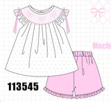 Pink Bow Smocked Swiss Dot Shorts Set