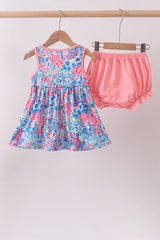 Pink tropical floral print ruffle bow bloomer set