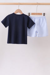 Navy Puppy Applique Seersucker Set