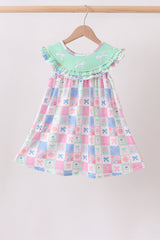 Green Bow Embroidered Checkered Dress