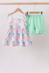 Green Bow Checkered Ruffle Shorts Set