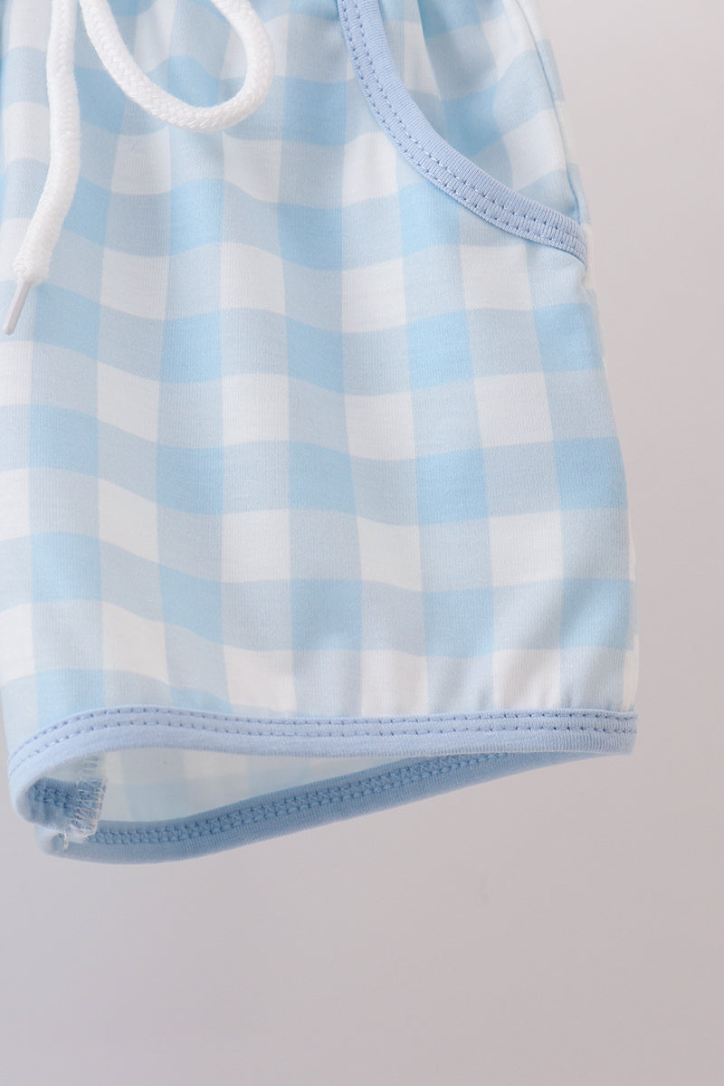 Blue Apple Embroidered Gingham Shorts Set
