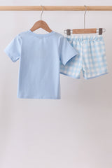 Blue Apple Embroidered Gingham Shorts Set