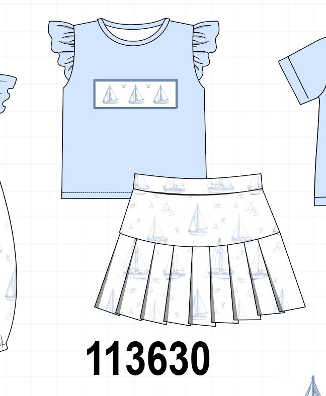 Blue Sailboat Embroidered Skorts Set