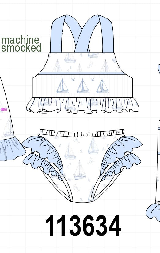 Blue Sailboat Smocked 2PC Swimsuit