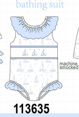 Blue Sailboat Smocked One-Piece Swimsuit