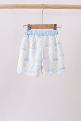 Blue Sailboat Embroidered Swim Trunks