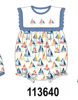 Blue Sailboat Embroidered Ruffle Bubble
